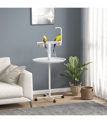 PawHut Bird Table with Four Wheels, Perches, Stainless Steel Bowls, Round Tray