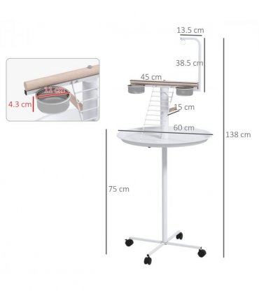 PawHut Bird Table with Four Wheels, Perches, Stainless Steel Bowls, Round Tray