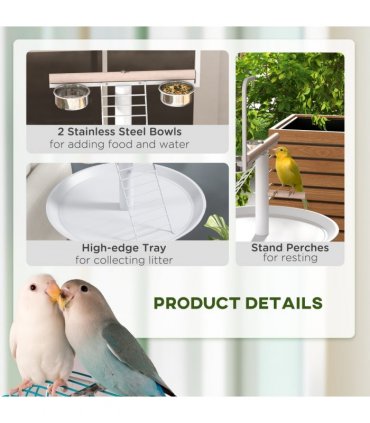 PawHut Bird Table with Four Wheels, Perches, Stainless Steel Bowls, Round Tray
