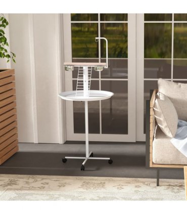 PawHut Bird Table with Four Wheels, Perches, Stainless Steel Bowls, Round Tray