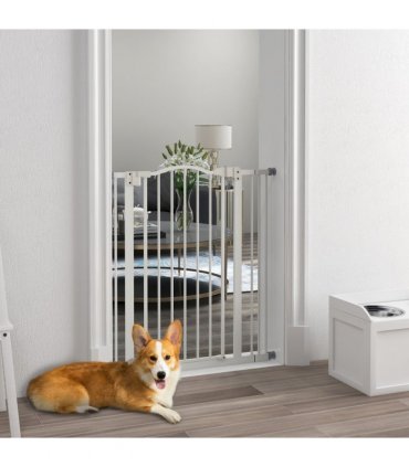 PawHut 74-87cm Adjustable Metal Pet Gate Safety Barrier w/ Auto-Close Door White