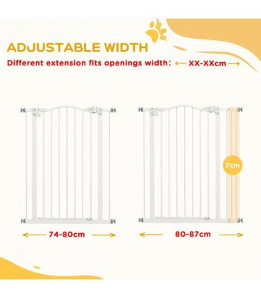 PawHut 74-87cm Adjustable Metal Pet Gate Safety Barrier w/ Auto-Close Door White