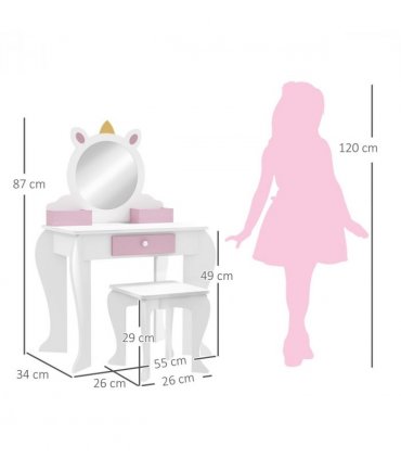 Kids Dressing Table ZONEKIZ White and Pink MDF and Acrylic 55L x 34W x 87Hcm