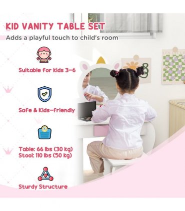 Kids Dressing Table ZONEKIZ White and Pink MDF and Acrylic 55L x 34W x 87Hcm