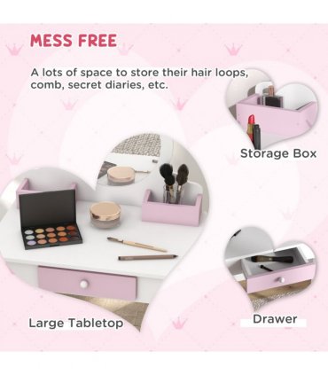 Kids Dressing Table ZONEKIZ White and Pink MDF and Acrylic 55L x 34W x 87Hcm