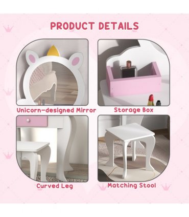 Kids Dressing Table ZONEKIZ White and Pink MDF and Acrylic 55L x 34W x 87Hcm