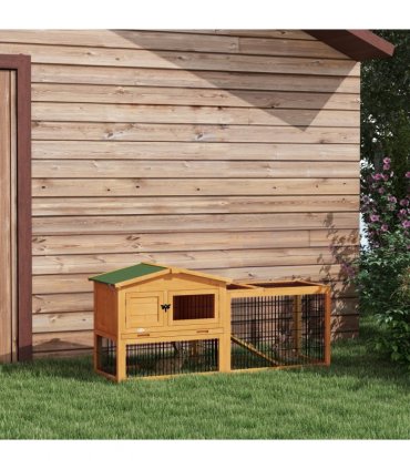 Outdoor Rabbit Hutch Yellow Fir Wood 150L x 52.5W x 68H cm Two Level House