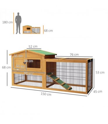 Outdoor Rabbit Hutch Yellow Fir Wood 150L x 52.5W x 68H cm Two Level House