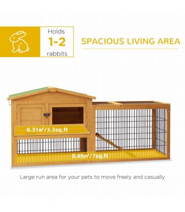 Outdoor Rabbit Hutch Yellow Fir Wood 150L x 52.5W x 68H cm Two Level House