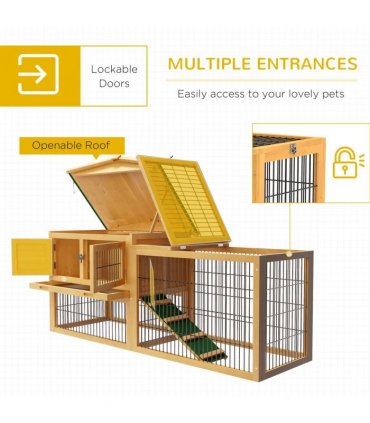 Outdoor Rabbit Hutch Yellow Fir Wood 150L x 52.5W x 68H cm Two Level House