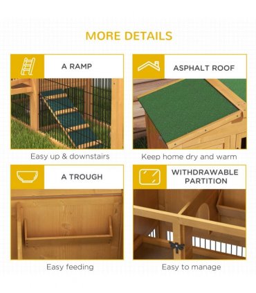 Outdoor Rabbit Hutch Yellow Fir Wood 150L x 52.5W x 68H cm Two Level House