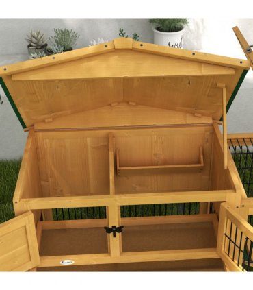 Outdoor Rabbit Hutch Yellow Fir Wood 150L x 52.5W x 68H cm Two Level House