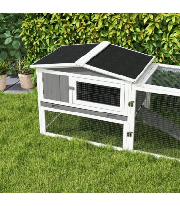 PawHut Rabbit Hutch and Run Outdoor w/ Sliding Tray Hay Rack Ramp, 156x58x68cm