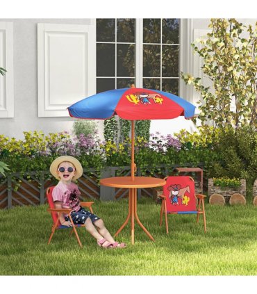 Kids Bistro Table and Chair Set with Cowboy Theme, Adjustable Parasol, Steel