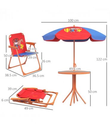 Kids Bistro Table and Chair Set with Cowboy Theme, Adjustable Parasol, Steel