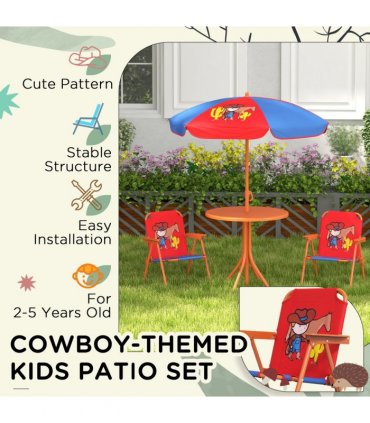 Kids Bistro Table and Chair Set with Cowboy Theme, Adjustable Parasol, Steel