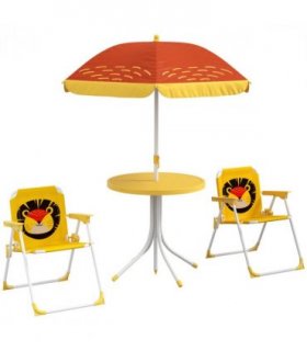 Kids Lion Theme Bistro Table and Chair Set, Adjustable Parasol, Yellow and Brown