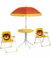 Kids Lion Theme Bistro Table and Chair Set, Adjustable Parasol, Yellow and Brown