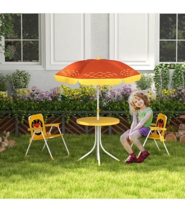 Kids Lion Theme Bistro Table and Chair Set, Adjustable Parasol, Yellow and Brown