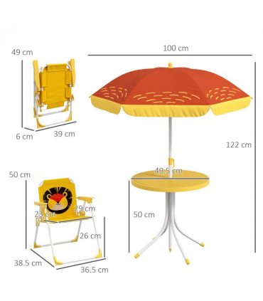 Kids Lion Theme Bistro Table and Chair Set, Adjustable Parasol, Yellow and Brown