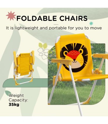Kids Lion Theme Bistro Table and Chair Set, Adjustable Parasol, Yellow and Brown