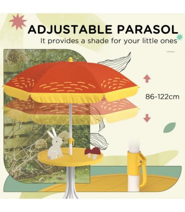 Kids Lion Theme Bistro Table and Chair Set, Adjustable Parasol, Yellow and Brown