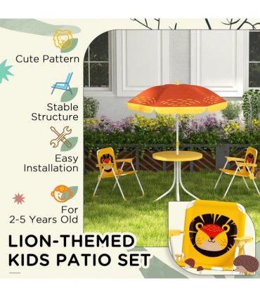 Kids Lion Theme Bistro Table and Chair Set, Adjustable Parasol, Yellow and Brown