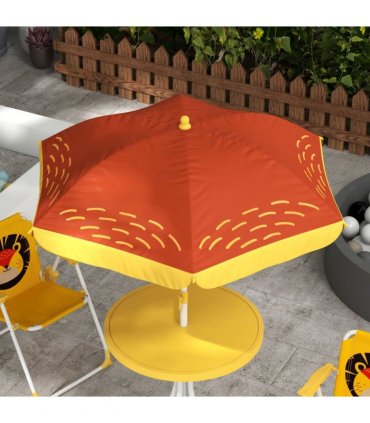 Kids Lion Theme Bistro Table and Chair Set, Adjustable Parasol, Yellow and Brown