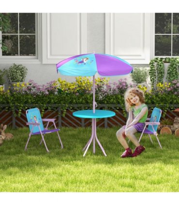 Outsunny Kids Bistro Table and Chair Set with Fairy Theme, Adjustable Parasol