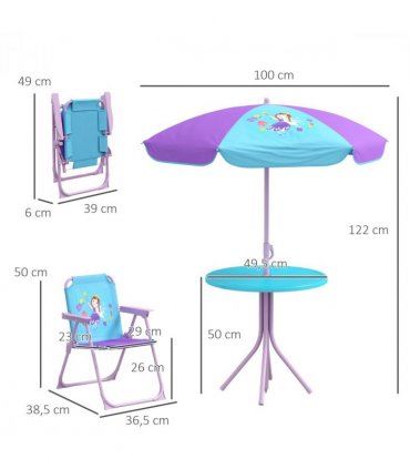 Outsunny Kids Bistro Table and Chair Set with Fairy Theme, Adjustable Parasol