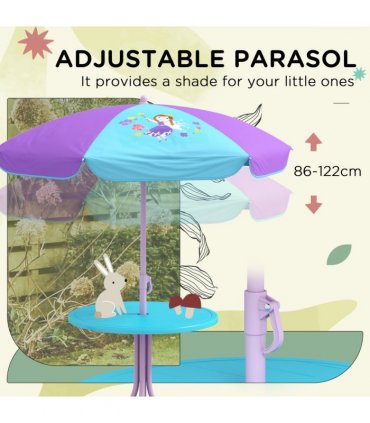 Outsunny Kids Bistro Table and Chair Set with Fairy Theme, Adjustable Parasol