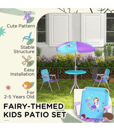Outsunny Kids Bistro Table and Chair Set with Fairy Theme, Adjustable Parasol