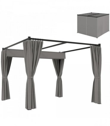 Outsunny 3 x 3(m) Pergola with Retractable Roof and Curtains, Light Grey