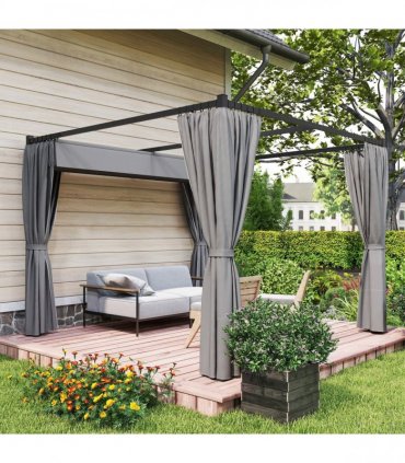 Outsunny 3 x 3(m) Pergola with Retractable Roof and Curtains, Light Grey