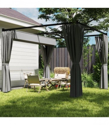 Outsunny 3 x 3(m) Pergola with Retractable Roof and Curtains, Light Grey