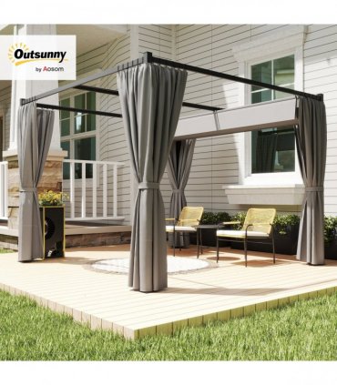 Outsunny 3 x 3(m) Pergola with Retractable Roof and Curtains, Light Grey