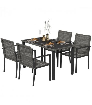 Outdoor Dining Set Grey Galvanised Steel PE Rattan Glass 130x70x73cm