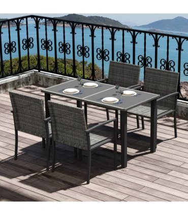 Outdoor Dining Set Grey Galvanised Steel PE Rattan Glass 130x70x73cm
