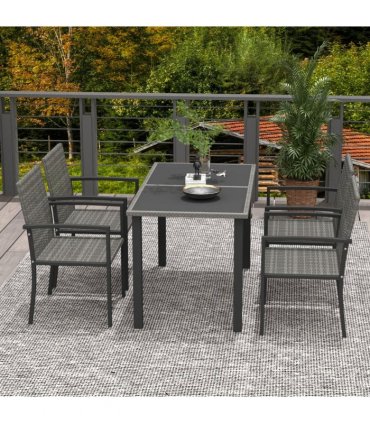 Outdoor Dining Set Grey Galvanised Steel PE Rattan Glass 130x70x73cm
