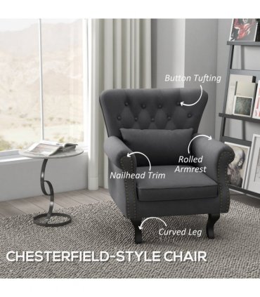 HOMCOM Vintage Armchair Wingback Accent Chair with Naihead Trim Dark Grey