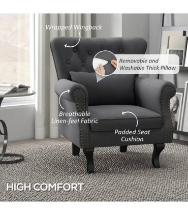 HOMCOM Vintage Armchair Wingback Accent Chair with Naihead Trim Dark Grey