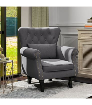 HOMCOM Vintage Armchair Wingback Accent Chair with Naihead Trim Dark Grey