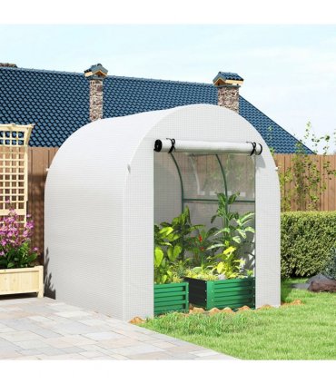 Greenhouse Walk in Polytunnel White Steel PE 180W x 180D x 200H cm Outsunny