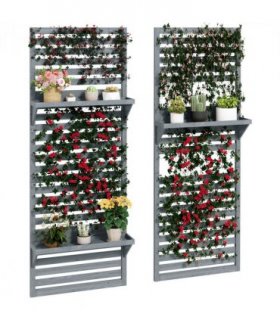 Wall Mounted Plant Stands Set of 2 with Shelves and Slatted Trellis Grey 60cm
