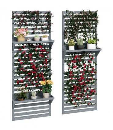 Wall Mounted Plant Stands Set of 2 with Shelves and Slatted Trellis Grey 60cm
