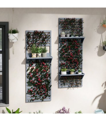 Wall Mounted Plant Stands Set of 2 with Shelves and Slatted Trellis Grey 60cm