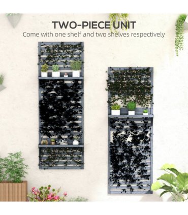 Wall Mounted Plant Stands Set of 2 with Shelves and Slatted Trellis Grey 60cm