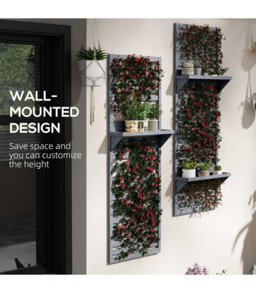 Wall Mounted Plant Stands Set of 2 with Shelves and Slatted Trellis Grey 60cm