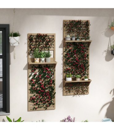 Plant Stand Natural Fir Wood 2-Piece Set with Shelves and Trellis 60x18x170cm