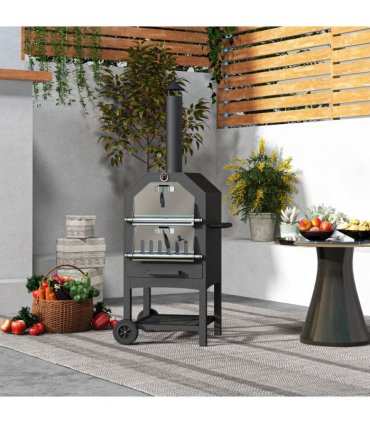 Outdoor Pizza Oven Black Steel Charcoal Grill BBQ Outsunny 66L x 45W x 158Hcm